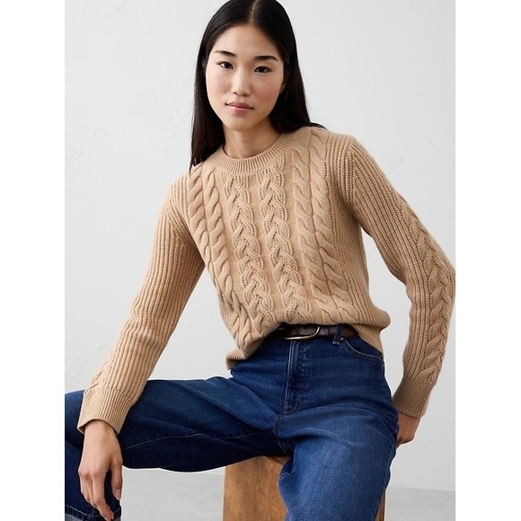 J. Crew Sweaters - J Crew Cable Knit Sweater Camel Crew Neck Long Sleeve Cotton Women's Medium
